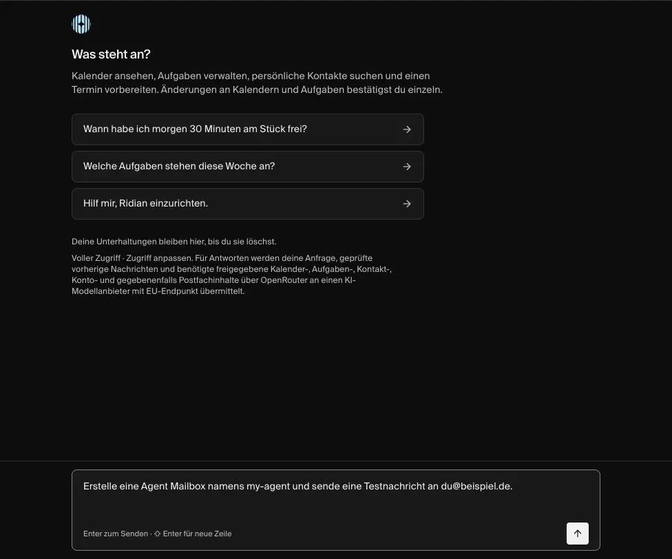 Alvin mit vorbelegtem Agent-Mailbox-Prompt vor dem Absenden