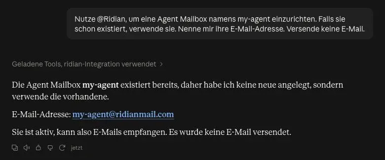 Claude zeigt die Adresse der Agent Mailbox my-agent