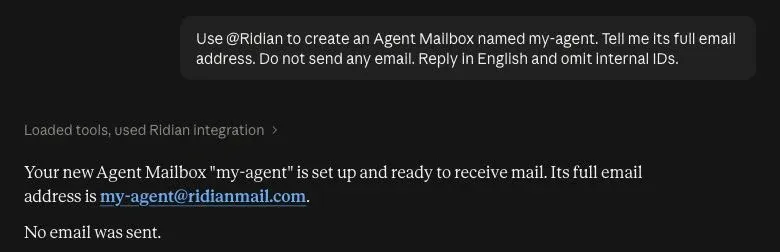 Claude creates my-agent and shows its email address