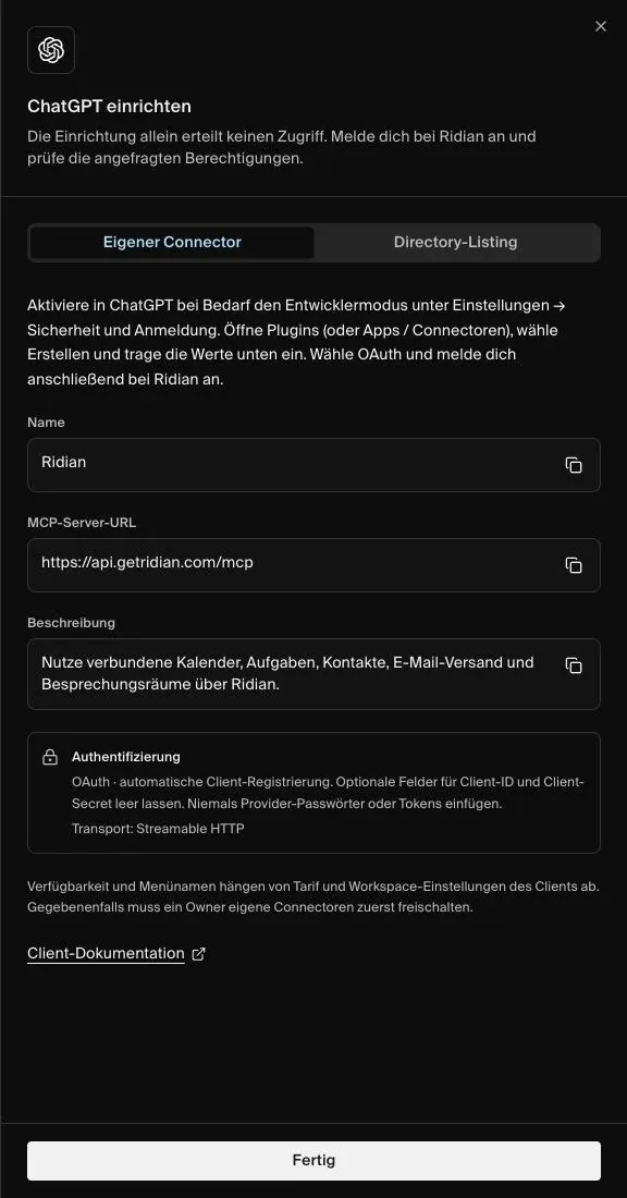 ChatGPT einrichten: Anleitung und MCP-Serveradresse in Ridian