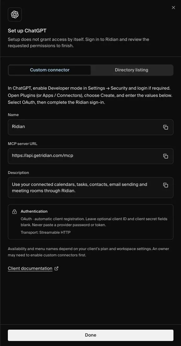 Set up ChatGPT: instructions and MCP server address in Ridian
