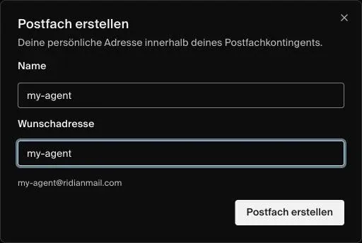 Dialog zum Erstellen einer Agent Mailbox mit Name und Wunschadresse