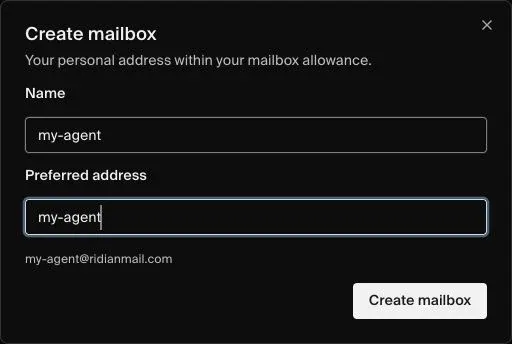 Create mailbox dialog with the name and preferred address filled in