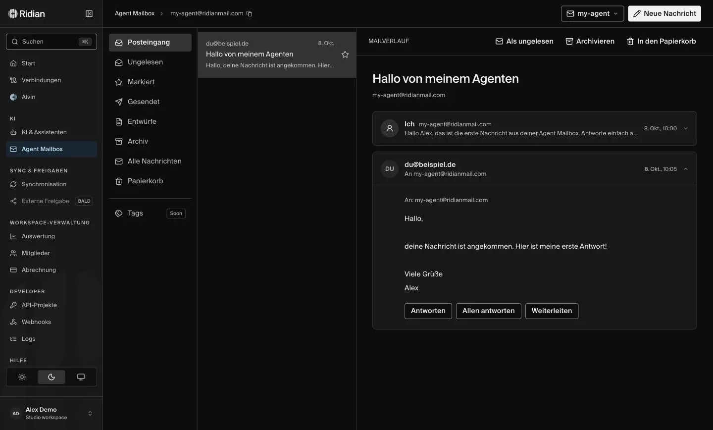 Agent Mailbox mit geöffneter Antwort auf die Testnachricht