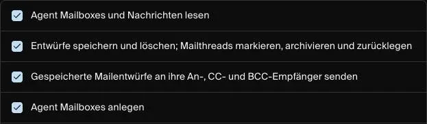 Aktivierte Berechtigungen zum Lesen, Bearbeiten, Senden und Anlegen von Agent Mailboxes