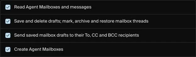 Enabled permissions to read, edit, send from and create Agent Mailboxes